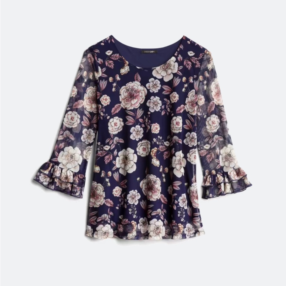 PAPERMOON Helga Ruffle Sleeve Detail Knit Top Plus Size 2X Navy Pink Mesh Floral